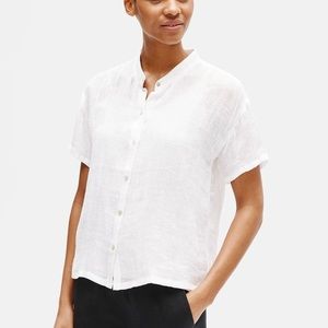 Eileen Fisher White 100% Organic Linen Gauze Mandarin Collar Short Sleeve Shirt
